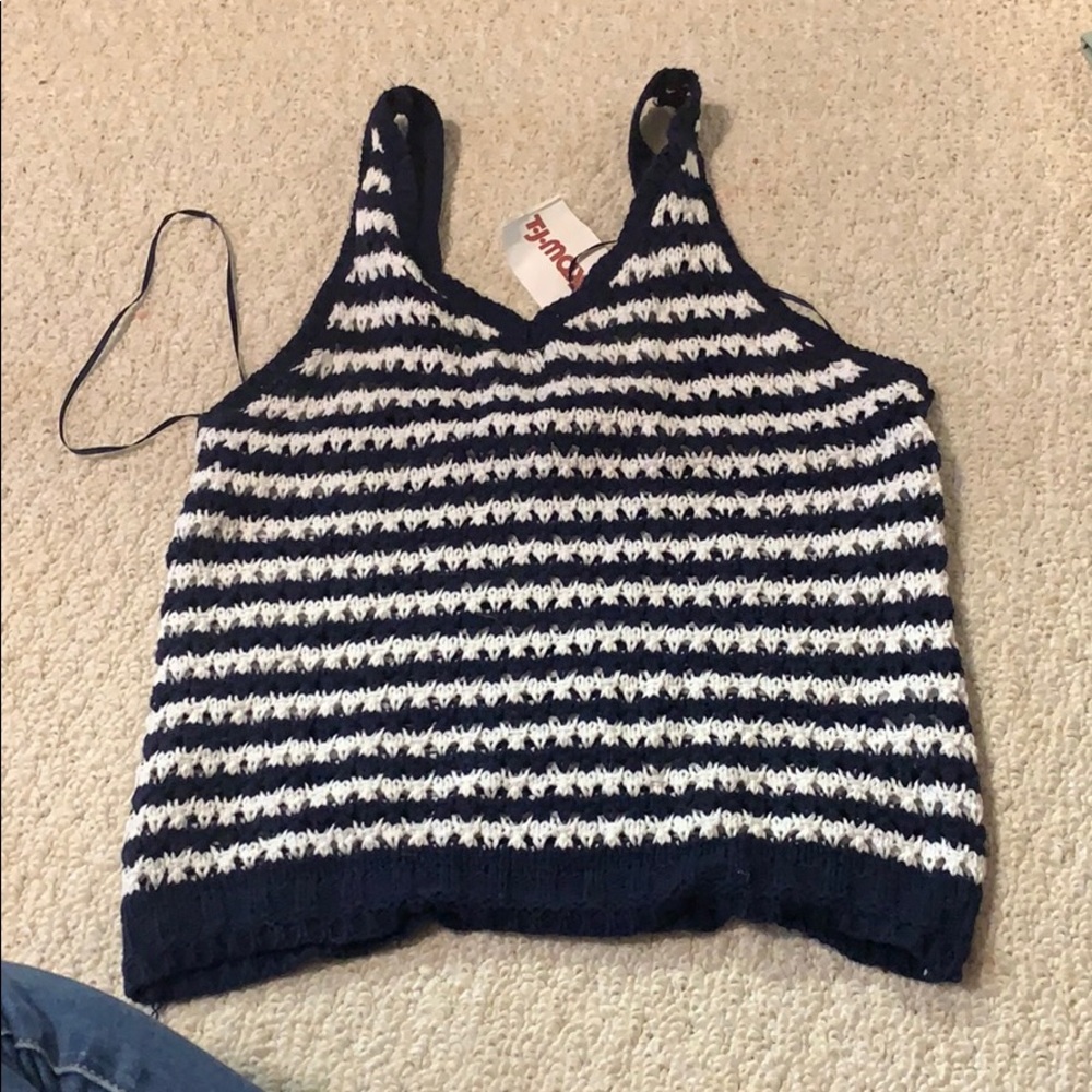 Blue and white striped knit tank top